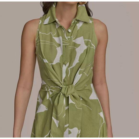 NEW DONNA KARAN printed linen blend shirt dress in green - Picture 5 of 6